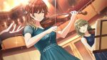  2girls aketa_mikoto bare_shoulders blue_dress blush bow_(music) breasts brown_eyes brown_hair collarbone dress formal gradient_hair green_hair hair_ornament holding holding_instrument idolmaster idolmaster_shiny_colors indoors instrument light_brown_hair medium_hair multicolored_hair multiple_girls music nanakusa_nichika open_mouth playing_instrument puffy_short_sleeves puffy_sleeves shhis_(idolmaster) short_hair short_sleeves sleeveless violin 