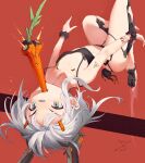  1girl 327564857 android animal_ears bandaid bandaid_on_arm bandaid_on_face bandaid_on_nose black_scrunchie black_sports_bra breasts carrot dated fake_animal_ears fake_tail grey_eyes grey_hair highres holding jumping mecha_musume mechanical_ears mechanical_parts mechanical_tail midair missile mouth_hold original rabbit_ears rabbit_girl rabbit_tail red_background scrunchie sharp_teeth shoulder_tattoo signature small_breasts solo sports_bra sweat tail tattoo teeth teeth_hold wrist_scrunchie 