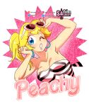  1girl absurdres artist_name barbie_(franchise) barbie_(live_action) blonde_hair blue_eyes breasts cleavage dress earrings hands_up highres hoop_earrings instagram_logo jewelry large_breasts lipstick makeup mario_(series) one_eye_closed patreon_logo pink_lips pixiv_logo ponytail princess_peach sasa_tseng solo striped striped_dress sunglasses twitter_logo 