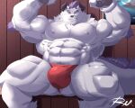  abs anthro asian_clothing behemoth_(housamo) biceps big_bulge bulge clothing east_asian_clothing flexing fundoshi hi_res horn japanese_clothing lifewonders male monster muscular muscular_anthro muscular_male nipples pecs reclamon solo tokyo_afterschool_summoners underwear 