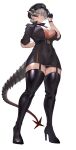  1girl absurdres adjusting_clothes adjusting_headwear alternate_costume arknights arm_behind_back black_choker black_dress boots breasts brown_eyes choker chong_(547342983) dragon_horns dragon_tail dress full_body garter_straps gloves grey_hair hair_bun half_gloves hat high_heel_boots high_heels highres horns large_breasts military_hat saria_(arknights) tail thigh_boots white_background 