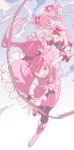  2girls ayumaru_(art_of_life) bare_shoulders detached_sleeves hair_ribbon highres holding_hands juliet_sleeves kaname_madoka long_hair long_sleeves magical_girl mahou_shoujo_madoka_magica mitakihara_school_uniform multiple_girls pink_eyes pink_hair ponytail puffy_sleeves red_eyes red_hair red_ribbon red_skirt ribbon sakura_kyouko school_uniform short_hair skirt twintails 