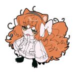  1girl animal_ears blush_stickers bow cat_ears chibi freckles green_eyes hair_bow ishmael_(limbus_company) jacket limbus_company long_hair long_sleeves open_mouth orange_hair project_moon remsrar sidelocks simple_background solo very_long_hair white_background white_bow white_jacket 