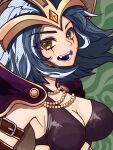  1girl absurdres arm_belt black_hair breasts cleavage green_background hair_ornament highres kawaguti_kappa large_breasts league_of_legends leblanc_(league_of_legends) looking_at_viewer makeup open_mouth short_hair simple_background smile solo teeth upper_body yellow_eyes 
