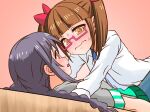  2girls :o absurdres blunt_bangs blush bow braid brown_eyes brown_hair eye_contact grey_hair highres idolmaster idolmaster_cinderella_girls ikebukuro_akiha indoors karino_karino labcoat leaning_forward looking_at_another lying miyoshi_sana multiple_girls on_back pink-framed_eyewear pink_background red_bow semi-rimless_eyewear sweatdrop under-rim_eyewear wavy_mouth yellow_eyes yuri 