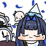  1girl birthday_cake blue_eyes blue_hair blush boros_(ouro_kronii) breasts cake chibi closed_eyes closed_mouth colored_inner_hair colored_tips food hair_intakes happy_birthday hat hololive hololive_english jazz_jack kronie_(ouro_kronii) long_hair lowres multicolored_hair ouro_kronii party_hat smile solo virtual_youtuber 