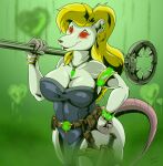  &lt;3 accessory alternate_species animaniacs anthro armband belt big_breasts black_nose blonde_hair bracelet breasts buckteeth clothing cross_species dress ear_piercing ear_ring female fur gold_(metal) gold_jewelry green_background hair holding_object holding_weapon hoop_ear_ring jewelry knife long_hair looking_at_viewer mammal man_catcher melee_weapon minerva_mink monster murid murine necklace piercing pouches quicktron rat rat_tail red_eyes red_sclera ring_piercing rodent simple_background skaven solo teeth warhammer_(franchise) warhammer_fantasy warner_brothers warpstone weapon white_body white_fur 