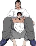  2boys arms_around_neck asian balnom bara between_legs black_hair cheek_bulge cigarette full_body highres knees_up male_focus multiple_boys muscular muscular_male original short_hair sitting_between_lap size_difference sparse_stubble thick_eyebrows tsurime turn_pale yaoi 