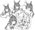  2girls admire_vega_(umamusume) animal animal_ears animalization bow bowtie chibi commentary ear_covers ear_ornament ears_back fluffy greyscale hair_bow holding holding_animal horse horse_ears horse_girl long_hair low_ponytail medium_hair minimized monochrome multiple_girls narita_top_road_(umamusume) parted_bangs pleated_skirt poking puffy_short_sleeves puffy_sleeves race_bib sailor_collar sailor_shirt school_uniform shirt short_sleeves shorts single_ear_cover skirt smelling summer_uniform takatsuki_nato tracen_school_uniform translation_request umamusume unamused waist_bow x_anus 