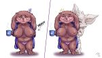  anthro behind_another breasts brown_body brown_fur chest_tuft clothed clothing duo ear_piercing ear_ring eyes_closed eyewear female fennephilim_fox fur glasses hand_on_breast hi_res holding_breast kled_(lol) league_of_legends long_ears looking_at_another looking_at_partner male mug norra_(league_of_legends) open_clothing open_robe panties piercing relieved ring_piercing riot_games robe standing tired tuft underwear white_body white_fur yordle 