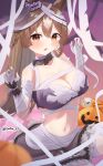  1girl animal_ears bandaged_arm bandaged_leg bandages bandeau black_choker blurry blurry_foreground blush braid breasts brown_eyes brown_hair choker claw_pose cleavage cosplay depth_of_field ear_scrunchie fang french_braid frilled_choker frills grey_bandeau grey_skirt halloween highres horse_ears horse_girl jack-o&#039;-lantern lace-trimmed_skirt lace_trim long_hair looking_at_viewer lryutanl medium_breasts midriff miniskirt navel satono_diamond_(umamusume) sitting skin_fang skirt solo super_creek_(chiffon_ribbon_mummy)_(umamusume) super_creek_(umamusume) super_creek_(umamusume)_(cosplay) torn_bandeau torn_clothes twitter_username umamusume 