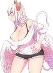  1girl black_bra blush bra bra_strap breasts demon_horns denim denim_shorts feathered_wings from_side hand_on_own_hip highres horns huge_breasts jewelry lorem_(mazohaha) musuko_ga_kawaikute_shikatanai_mazoku_no_hahaoya pointy_ears red_eyes red_horns ring short_shorts shorts sweatdrop tail thighs underwear wedding_ring white_background white_hair white_tail white_wings wings zyugoya 