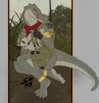  anthro backpack breasts clothed clothing crocodile crocodilian crocodylid derpwolfy18971 female hi_res neckerchief pouches reptile scalie skimpy solo 