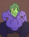  2023 alligator alligatorid anthro big_breasts breasts clothing crocodilian curvaceous curvy_figure digital_drawing_(artwork) digital_media_(artwork) female green_body green_hair green_scales grey_eyes hair hi_res hoodie huge_breasts i_wani_hug_that_gator looking_at_viewer olivia_(iwhtg) plaga reptile scales scalie short_hair simple_background sitting smile solo thick_thighs topwear voluptuous wide_hips yellow_sclera 