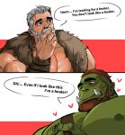  &lt;3 2023 abs barbarian beard blush comic comic_panel dialogue dopq duo english_text facial_hair fangs fur_pelt fur_trim_(clothing) green_body green_skin hair hi_res human humanoid larger_male male mammal muscular muscular_humanoid muscular_male nervous nipples nose_scar orc pecs red_hair shaved_sides size_difference smaller_male speech_bubble teeth text vein veiny_muscles white_hair 