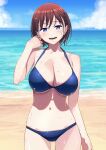  ai-chan_(tawawa) beach bikini blue_bikini blue_eyes blue_sky braid breasts brown_hair cleavage cloud collarbone day fanged_bangs getsuyoubi_no_tawawa highres himura_kiseki horizon large_breasts looking_at_viewer navel ocean official_art open_mouth outdoors sand shore short_hair side_braid sky smile solo swimsuit underboob water wet wet_hair 