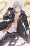  1boy arm_ribbon arm_up baseball_bat black_coat black_gloves brown_coat caelus_(honkai:_star_rail) chain coat collarbone commentary_request gloves gold_chain grey_background grey_hair grey_pants hair_between_eyes highres holding holding_baseball_bat holding_weapon honkai:_star_rail honkai_(series) hood hooded_coat long_sleeves looking_at_viewer male_focus mizuamememe open_clothes open_coat orange_ribbon pants pocket_watch ribbon shirt short_hair simple_background solo standing t-shirt tassel teeth trailblazer_(honkai:_star_rail) two-sided_coat v-shaped_eyebrows watch weapon white_shirt yellow_eyes 
