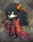  1girl bell black_eyes black_hair chibi fang full_body grey_background hair_bell hair_ornament hi-pain highres holding holding_knife japanese_clothes kimono knife knife_in_mouth leaf_hair_ornament long_hair mouth_hold no_nose original pale_skin pink_kimono sandals simple_background sleeves_past_fingers sleeves_past_wrists socks solo speech_bubble translation_request white_socks wide_sleeves 