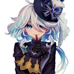  1girl ahoge ascot black_gloves blue_eyes blue_gemstone blue_hair blue_headwear blue_jacket closed_mouth esu_(tasoesu) finger_to_mouth furina_(genshin_impact) gem genshin_impact gloves hair_between_eyes hat highres index_finger_raised jacket light_blue_hair long_hair long_sleeves looking_at_viewer multicolored_hair shushing simple_background smile solo top_hat upper_body white_background white_hair 