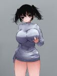  1girl baggy_clothes bags_under_eyes black_eyes black_hair breast_lift breasts feet_out_of_frame grey_background grey_shirt hand_up highres large_breasts long_eyelashes looking_at_viewer messy_hair no_pupils shirt short_hair short_twintails simple_background sketch sleeves_past_fingers sleeves_past_wrists solo swwa twintails 
