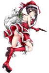  1girl absurdres ass bag bare_shoulders black_hair christmas covered_nipples date_a_live full_body gloves gun hat highres holding holding_bag holding_gun holding_weapon long_hair looking_at_viewer red_eyes red_footwear red_gloves sack santa_hat simple_background smile solo string string_of_fate tokisaki_kurumi twintails weapon white_background yellow_eyes yulan_jiujian 