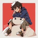  2boys absurdres baymax big_hero_6 black_eyes black_hair blue_jacket border carrying closed_mouth commentary crossed_arms english_commentary fruiitlins highres hiro_hamada hood hood_down jacket long_sleeves looking_at_another male_focus multiple_boys piggyback red_background robot shoes short_hair signature simple_background smile sneakers white_border 