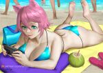  1girl 4others animal_ears ariverkao ass barefoot beach bikini blue_bikini blue_eyes breasts cat_ears cellphone dated day feet feet_up hair_between_eyes large_breasts legs lying multiple_others on_stomach original patreon_logo phone pink_hair short_hair signature smartphone soles solo_focus swimsuit the_pose toes water 