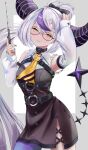  1girl armpits ascot bare_shoulders braid braided_bangs detached_sleeves glasses highres hololive horns hxk4_n la+_darknesss long_hair multicolored_hair o-ring pointy_ears ponytail purple_hair streaked_hair striped_horns thighhighs virtual_youtuber yellow_ascot yellow_eyes 