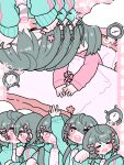  1girl alarm_clock aqua_jacket arm_up backpack bag bed black_hair blush_stickers bow clock cloud collage commentary_request flower hair_bow hair_flower hair_ornament hands_on_own_face jacket kyu-kurarin_(cevio) long_sleeves multiple_hair_bows open_clothes open_jacket pajamas pink_background pink_bow pink_eyes pink_flower pink_pajamas pink_shirt pink_theme plaid plaid_background pon_(kaeponpopopo) sad_smile screaming shirt short_hair sitting sweat tears track_jacket translation_request under_covers wiping_tears 