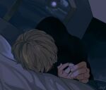  1boy absurdres artist_name black_sweater brown_hair cloud cognacbear dark faceless from_below highres indoors long_sleeves male_focus moon night original short_hair sleeping solo sweater window 