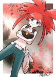  1girl border breasts collarbone crossed_arms flannery_(pokemon) highres looking_at_viewer midriff navel outside_border pants pokemon pokemon_(game) pokemon_oras red_eyes red_hair signature smile solo white_border yuki_mura_1031 