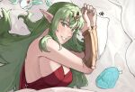  1girl bare_shoulders bed bed_sheet breasts cleavage dragonstone dress fire_emblem fire_emblem_awakening green_eyes green_hair grin highres long_hair looking_at_viewer lying medium_breasts on_side pillow pointy_ears red_dress sakuremi smile solo teeth tiara tiki_(adult)_(fire_emblem) tiki_(fire_emblem) 