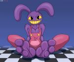  3_toes anthro barefoot colored feet foot_focus glitch_productions hi_res humanoid_feet jax_(the_amazing_digital_circus) lagomorph leporid male mammal overalls_only paws plantigrade rabbit resi_virus sitting smile smirk soles solo the_amazing_digital_circus toes zp92 
