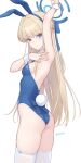  1girl animal_ears arm_up armpits ass bare_shoulders blonde_hair blue_archive blue_eyes blue_leotard blush bow bowtie braid breasts commentary dan_(kumadan) detached_collar earpiece fake_animal_ears fake_tail french_braid halo highleg highleg_leotard highres leotard long_hair looking_at_viewer medium_breasts official_alternate_costume playboy_bunny rabbit_ears rabbit_tail revision sideboob simple_background solo spread_armpit tail thighhighs thighs toki_(blue_archive) toki_(bunny)_(blue_archive) white_background white_thighhighs wrist_cuffs 