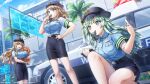  3girls animal belt blowing_whistle blue_eyes breasts car closed_eyes collared_shirt dog dolphin_wave green_hair hand_on_hip hat highres holding holding_animal holding_dog holding_whistle kirahoshi_kanna large_breasts light_brown_hair long_hair medium_breasts motor_vehicle multiple_girls official_art ootomo_takuji police police_car police_hat police_uniform policewoman purple_eyes selena_lewis shirt short_sleeves skirt suminoe_shion uniform wavy_hair whistle 