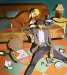  2boys blonde_hair bottle can cigarette couch denim food highres jeans lamp multiple_boys on_floor pants pillow pizza shadow sitting spread_legs sunglasses 