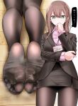  1girl @_@ black_pantyhose black_skirt black_suit brown_hair collared_shirt commentary_request feet foot_focus green_eyes hand_on_own_chin highres id_card long_hair multiple_views no_shoes office_lady ol-chan_(oouso) oouso original pantyhose pencil_skirt pink_shirt shirt skirt soles suit thighband_pantyhose thought_bubble tights_day translation_request wooden_floor 