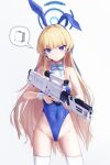  1girl 9malefi9 absurdres animal_ears ass assault_rifle blonde_hair blue_archive blue_bow blue_bowtie blue_eyes blue_hair blue_halo blue_leotard bow bowtie breasts closed_mouth commentary covered_navel cowboy_shot detached_collar english_commentary fake_animal_ears groin gun h&amp;k_g11 halo highres holding holding_gun holding_weapon leotard long_hair medium_breasts multicolored_hair official_alternate_costume rabbit_ears rifle simple_background solo strapless strapless_leotard streaked_hair thighhighs toki_(blue_archive) toki_(bunny)_(blue_archive) weapon white_background white_thighhighs wrist_cuffs 