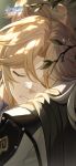  2boys ahoge bandages blonde_hair branch character_request chinese_commentary close-up closed_mouth highres honkai:_star_rail honkai_(series) logo male_focus medium_hair multiple_boys official_art official_wallpaper parted_bangs parted_lips sleeping upper_body yanqing_(honkai:_star_rail) 