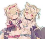  2girls :3 animal_ear_fluff animal_ears bandaid_hair_ornament belt belt_collar black_collar blonde_hair blue_belt blue_eyes blue_hair blue_hairband blush breasts cleavage cleavage_cutout clothing_cutout collar commentary cropped_jacket cropped_shirt dog_ears dog_girl dress fur-trimmed_jacket fur_trim fuwawa_abyssgard hair_ornament hairband hairclip headphones headphones_around_neck hololive hololive_english jacket looking_at_viewer medium_breasts mococo_abyssgard multicolored_hair multiple_girls navel one_eye_closed open_clothes open_jacket open_mouth pink_background pink_belt pink_eyes pink_hairband shirt shorts siblings smile solo spiked_collar spikes streaked_hair symbol-only_commentary tail twins two_side_up upper_body virtual_youtuber white_background white_dress white_shirt white_shorts x_hair_ornament yuzuriha_nyan 