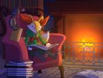  3_fingers 3_toes book bookshelf braixen canid canine chair clothing codymathews dress fan_character feet female fingers fireplace fox furniture generation_5_pokemon generation_6_pokemon hi_res mammal nintendo open_book pawpads pokeball pokemon pokemon_(species) reading reading_book toes yamask 