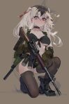  1girl absurdres ar-10 assault_rifle battle_rifle beretta_92 black_hair blue_eyes boots breasts brown_leggings cleavage gloves green_gloves gun hair_between_eyes handgun heterochromia highres holster leggings looking_at_viewer midriff_peek multicolored_hair original polilla red_eyes rifle sidelocks simple_background smoke_grenade solo suppressor tactical_clothes twintails two-tone_hair weapon white_hair 