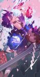  1girl absurdres alcohol breasts cup fate/grand_order fate_(series) food fruit gourd grapes highres horns oni_horns peach purple_eyes purple_hair sakazuki sake shuten_douji_(fate) small_breasts sword tray weapon youling_keke 