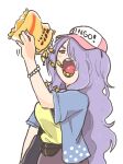  1girl bag baseball_cap bracelet breasts camilla_(fire_emblem) candy eating fire_emblem fire_emblem_fates food hair_over_one_eye handbag hat holding holding_food inkerton-kun jewelry medium_breasts necklace pearl_bracelet pearl_necklace purple_eyes purple_hair 