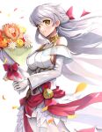  1girl bare_shoulders bouquet breasts commentary detached_sleeves dress fire_emblem fire_emblem:_radiant_dawn fire_emblem_heroes gloves gold_trim gonzarez hair_ribbon highres king large_breasts looking_at_viewer micaiah_(bridal)_(fire_emblem) red_ribbon ribbon sideboob smile solo teeth upper_body wedding_dress white_gloves white_hair yellow_eyes 
