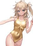  1girl akahara_tyun antenna_hair blonde_hair blue_eyes breasts covered_navel cowboy_shot gold_one-piece_swimsuit groin index_finger_raised long_hair one-piece_swimsuit one_side_up original simple_background small_breasts solo standing swimsuit white_background 