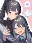  !? 2girls :3 ado_(singer) aqua_hair black_bow black_bowtie black_hair black_jacket blue_eyes blunt_bangs blush border bow bowtie collared_shirt colored_inner_hair commentary_request dual_persona grey_shirt hair_between_eyes heart heart-shaped_pupils highres hug jacket long_hair looking_at_another looking_at_viewer mole mole_under_eye multicolored_hair multiple_girls naima_(usseewa) niconico nose_blush open_mouth pink_background ponytail purple_eyes selfcest shirt sidelocks spoken_heart spoken_interrobang streaked_hair symbol-shaped_pupils tsukuno_tsuki turtleneck upper_body usseewa utaite_(singer) white_background white_border yuri 