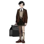  1boy artist_request belt black_belt black_hair black_necktie blue_eyes blush brown_eyes brown_footwear brown_jacket brown_shorts brown_sweater_vest closed_mouth collared_shirt expressionless full_body girls&#039;_frontline heterochromia holding holding_suitcase jacket knee_strap loafers long_sleeves looking_at_viewer lucas_(girls&#039;_frontline) male_focus necktie official_art shirt shoes short_hair shorts simple_background socks solo standing suitcase sweater_vest transparent_background white_shirt white_socks 