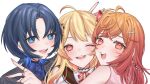  3girls ahoge blonde_hair blue_eyes blue_hair cheek-to-cheek earrings hair_between_eyes hair_ornament hairpin heads_together hiodoshi_ao hololive hololive_dev_is hug ichijou_ririka jewelry long_hair looking_at_viewer menma_(ru28) mole mole_under_mouth multiple_girls multiple_rings musical_note musical_note_hair_ornament necklace one_eye_closed open_mouth orange_hair otonose_kanade pink_hair portrait red_eyes ring short_hair smile teeth upper_teeth_only v virtual_youtuber white_background 