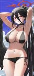  1girl :o absurdres armpits arms_up bikini black_bikini black_choker black_hair black_wings blue_archive blue_sky blush breasts choker cloud cowboy_shot day feathered_wings halo hasumi_(blue_archive) high_ponytail highres large_breasts large_wings long_hair looking_at_viewer low_wings mole mole_under_eye nashi_(nashipple1) navel open_mouth outdoors red_eyes side-tie_bikini_bottom sky solo stomach swimsuit thigh_gap thighs very_long_hair wings 